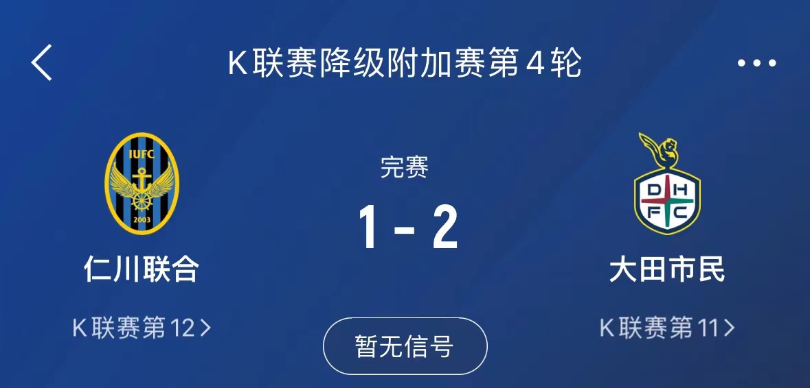 仁川联主场1-2不敌大田市民，提前一轮从K1联赛降级